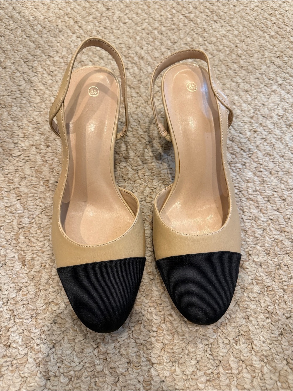 Beige and Black Two-Tone Slingback Pumps